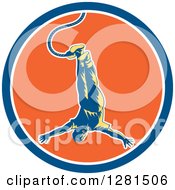 Clipart Of A Retro Woodcut Bungee Jumper In A Blue White And Orange Circle Royalty Free Vector Illustration