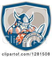 Clipart Of A Retro Male Viking Warrior With A Sword And Shield Inside A Taupe Blue And White Crest Royalty Free Vector Illustration