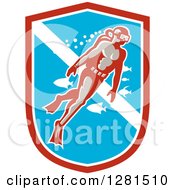 Poster, Art Print Of Retro Male Scuba Diver With Fish In A Red White And Blue Shield