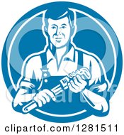 Poster, Art Print Of Retro Male Plumber Holding A Monkey Wrench In A Blue And White Circle