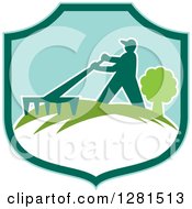 Clipart Of A Silhouetted Gardener Raking In A Turquoise And Green Shield Royalty Free Vector Illustration by patrimonio