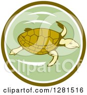 Poster, Art Print Of Retro Swimming Sea Turtle In A Green And White Circle