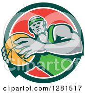 Poster, Art Print Of Retro Black Male Basketball Player Holding A Ball In A Green White And Red Circle