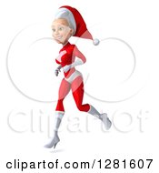 Clipart Of A 3d Young White Female Christmas Super Hero Santa Running To The Left Royalty Free Illustration by Julos