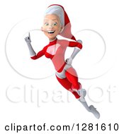 Clipart Of A 3d Young White Female Christmas Super Hero Santa Flying To The Left And Holding Up A Finger Royalty Free Illustration by Julos