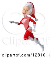 Clipart Of A 3d Young White Female Christmas Super Hero Santa Flying To The Left And Pointing Royalty Free Illustration by Julos