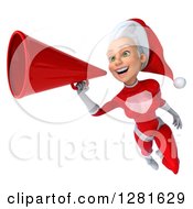 Clipart Of A 3d Young White Female Christmas Super Hero Santa Flying Slightly Left And Announcing With A Megaphone Royalty Free Illustration by Julos