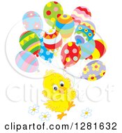 Poster, Art Print Of Cute Yellow Easter Chick With Spring Time Flowers And Patterned Party Balloons