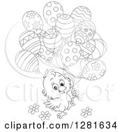 Poster, Art Print Of Cute Black And White Easter Chick With Spring Flowers And Patterned Party Balloons
