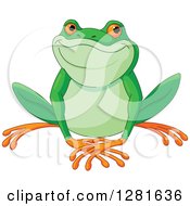 Clipart Of A Cute Green And Orange Frog Smiling And Sitting Royalty Free Vector Illustration