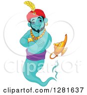 Handsome Turquoise Male Jinn Genie Emerging From His Lamp And Smiling