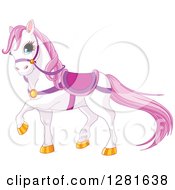 Clipart Of A Cute White And Pink Horse Wearing A Saddle And Prancing Royalty Free Vector Illustration