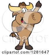 Happy Bull School Mascot Character Standing And Holding Up A Hoof