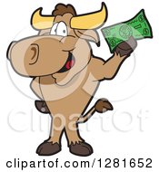 Poster, Art Print Of Happy Bull School Mascot Character Standing And Holding Cash