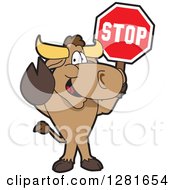 Happy Bull School Mascot Character Standing And Holding A Stop Sign