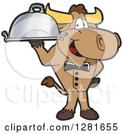 Poster, Art Print Of Happy Bull School Mascot Character Waiter Standing With A Cloche Platter