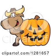 Happy Bull School Mascot Character Smiling Around A Halloween Jackolantern Pumpkin