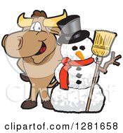 Happy Bull School Mascot Character Standing With A Christmas Snowman
