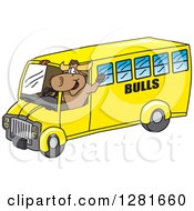Happy Bull School Mascot Character Waving And Driving A School Bus