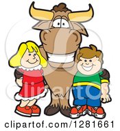 Happy Bull School Mascot Character Standing With A Caucasian Boy And Girl