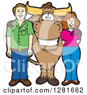 Happy Bull School Mascot Character Standing With A Caucasian Man And Woman