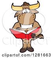 Happy Bull School Mascot Character Standing And Reading A Book