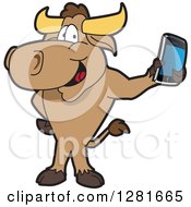Poster, Art Print Of Happy Bull School Mascot Character Standing And Holding A Smart Cell Phone