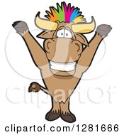 Clipart Of A Happy Bull School Mascot Character Cheering With Colorful Punk Hair Royalty Free Vector Illustration by Toons4Biz