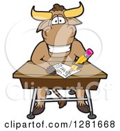 Poster, Art Print Of Happy Bull School Mascot Character Writing At A Desk