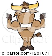Poster, Art Print Of Happy Bull School Mascot Character Standing And Flexing His Muscles