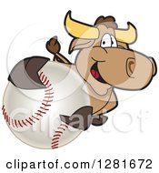Poster, Art Print Of Happy Bull School Mascot Character Holding Up Or Catching A Baseball