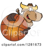 Poster, Art Print Of Happy Bull School Mascot Character Holding Up Or Catching A Basketball