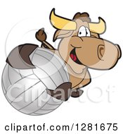 Poster, Art Print Of Happy Bull School Mascot Character Holding Up Or Catching A Volleyball
