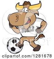 Poster, Art Print Of Happy Bull School Mascot Character Athlete Playing Soccer