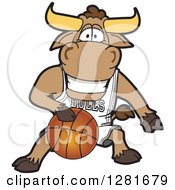 Poster, Art Print Of Happy Bull School Mascot Character Athlete Playing Basketball