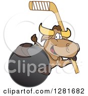 Poster, Art Print Of Happy Bull School Mascot Character Holding An Ice Hockey Stick And Puck