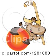Happy Bull School Mascot Character Holding A Field Hockey Stick And Ball