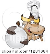 Poster, Art Print Of Happy Bull School Mascot Character Holding A Lacrosse Stick And Ball