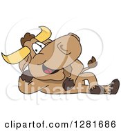 Poster, Art Print Of Happy Bull School Mascot Character Resting On His Side