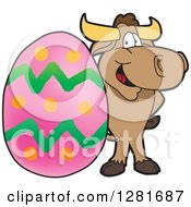 Poster, Art Print Of Happy Bull School Mascot Character Standing With A Giant Easter Egg