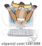 Clipart Of A Happy Bull School Mascot Character Cheering Out From A Desktop Computer Screen Royalty Free Vector Illustration by Toons4Biz