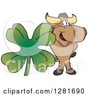 Poster, Art Print Of Happy Bull School Mascot Character Standing With A Giant Four Leaf St Patricks Day Clover Shamrock