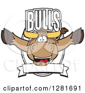Poster, Art Print Of Happy Bull School Mascot Character Leaping Out Of A Shield And Banner