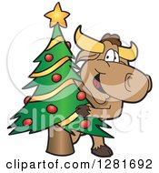 Poster, Art Print Of Happy Bull School Mascot Character Standing And Looking Around A Christmas Tree
