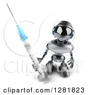 Clipart Of A 3d Silver Male Techno Robot Holding Up A Vaccine Syringe Royalty Free Illustration