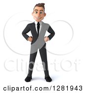Clipart Of A 3d Young Brunette White Businessman Standing With His Hands On His Hips Royalty Free Vector Illustration