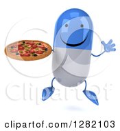 Clipart Of A 3d Happy Blue And White Pill Character Jumping And Holding A Pizza Royalty Free Illustration