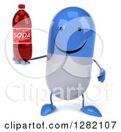 Clipart Of A 3d Happy Blue And White Pill Character Holding A Soda Bottle Royalty Free Illustration