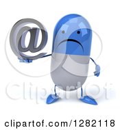 Clipart Of A 3d Unhappy Blue And White Pill Character Holding An Email Arobase At Symbol Royalty Free Illustration