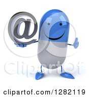 Clipart Of A 3d Happy Blue And White Pill Character Holding A Thumb Up And An Email Arobase At Symbol Royalty Free Illustration